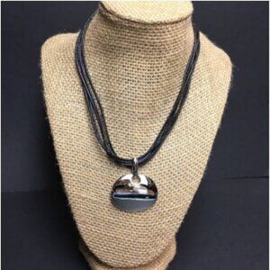 NW Oval Pendant Necklace 15 In As Is Silver Organic Black Leather Multi Cord